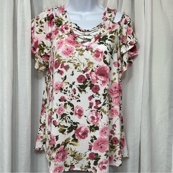 Discreet Floral‎ Print Multicolored Short Sleeve  Open Shoulder Size XL Top - Picture 5 of 16